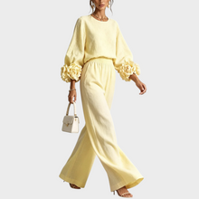 Mersada – Set Aus Langärmeligem Oberteil mit Blumenmuster Und Weit Geschnittener Hose – Gelb