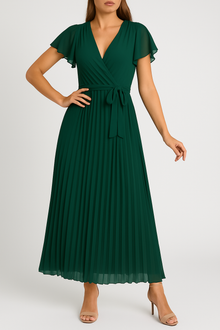 Celina – Chiffon-Falten-Maxikleid mit Wickeleffekt und Gürtel – Grün