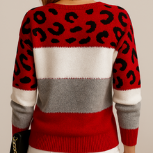 Viola | Damen Weicher Strickpullover mit Farbblock und Leopardenmuster – Rot