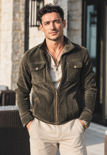 Herren-Cordjacke mit hohem Kragen, Reißverschluss und Taschen – Florian – Militärgrün