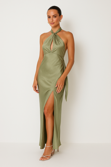 Damen Halter Maxi Abendkleid – Olivgrün