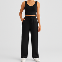2-teiliges Sommer-Set für Damen – Ärmelloses Crop-Top und strukturierte Hose mit hoher Taille – Schwarz