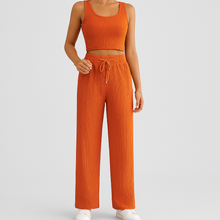 2-teiliges Sommer-Set für Damen – Ärmelloses Crop-Top und strukturierte Hose mit hoher Taille – Mandarinenrot