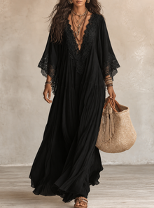 Ainura - Langes Kleid Aus Elfenbeinfarbenem Chiffon Und Spitze – Schwarz