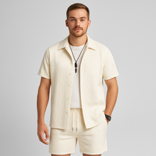 2-teiliges Jacquard-Strick-Set für Herren – Kurzarmhemd und Shorts in Unifarbe, Premium-Freizeitoutfit – Aprikose