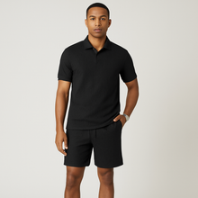 2-teiliges Jacquard-Strickset für Herren – Kurzarm-Oberteil mit Kragen und einfarbige Shorts – Schwarz