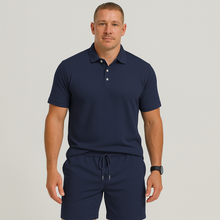 Herren Sommer Casual Set – Leichtes Oberteil mit Golfkragen und einfarbige Shorts mit Taschen – Marineblau