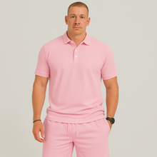 Herren Sommer Casual Set – Leichtes Oberteil mit Golfkragen und einfarbige Shorts mit Taschen – Rosa