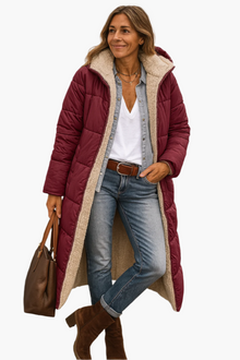 Angela | Damen Warme Kapuzen Winter Longline Puffer Jacke – Weinrot