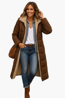 Angela | Damen Warme Kapuzen Winter Longline Puffer Jacke – Braun