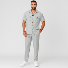 2-teiliges Sommer-Set für Herren – Lässiges Strandhemd mit Doppeltaschen und passende lange Hose – Grau