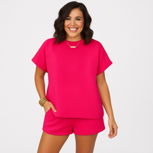 Elegantes 2-teiliges Set für Damen – Kurzarm-Crop-Top mit passenden Shorts – Rosenrot