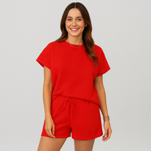 Elegantes 2-teiliges Set für Damen – Kurzarm-Crop-Top mit passenden Shorts – Rot