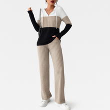 Damen Zweiteiler mit Reißverschluss – Gestreiftes Top & High-Waist Hose mit weitem Bein – Khaki