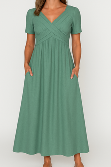 Briana - Elegantes Midikleid mit V-Ausschnitt und Taschen – Grün