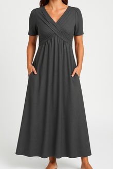 Briana - Elegantes Midikleid mit V-Ausschnitt und Taschen – Grau