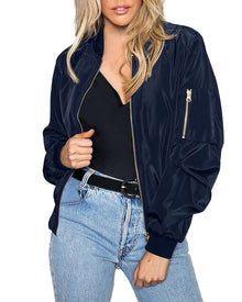 Stilvolles Klassisches Bomberjack mit Praktischen Taschen für Damen – Satin Marineblau