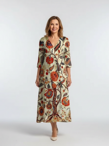Corisande | V-Ausschnitt Langarm Blumenkleid Midi – Floral