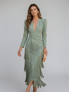 Sofia | Elegantes Ombré-Fransenkleid mit V-Ausschnitt – Grün