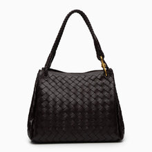 Valeria | Geflochtene schwarze Damenhandtasche aus veganem Leder mit Schulterriemen & goldenen Details – Dunkelbraun
