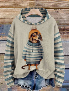 Kuscheliger Damen-Kapuzenpullover mit niedlichem Hundemotiv – Dunkelbeige