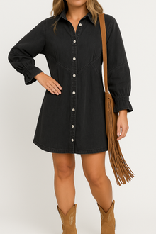 Dalia – Denim Knopfverschluss Minikleid – Schwarz
