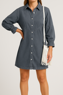 Dalia – Denim Knopfverschluss Minikleid – Grau