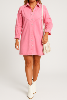 Dalia – Denim Knopfverschluss Minikleid – Rosa