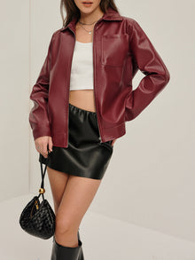 Damen Bikerjacke Kunstleder mit Reißverschluss – Burgunder