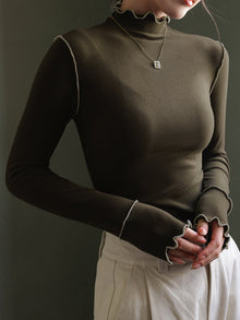 Damen Langarmshirt Polyester Hochkragen Slim Fit – Braun