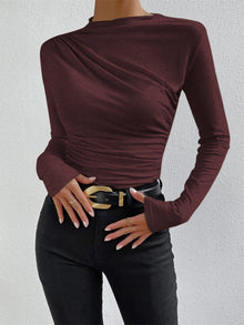 Damen Langarmshirt Raffung Elegantes Longsleeve – Burgunder