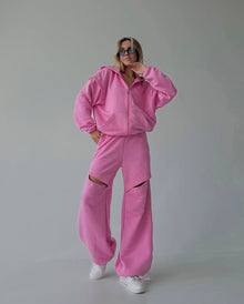 Damen Loungewear-Set mit Kapuze und Cut-Outs – Rosa