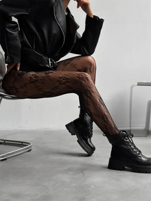 Damen Netzstrumpfhose mit Blumenmuster – Schwarz