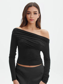 Damen Off-Shoulder Langarm T-Shirt Jersey – Schwarz