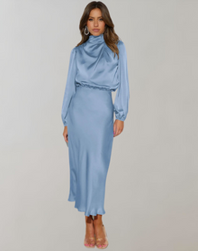 Damen Satin Kleid Lange Ärmel Elegant Fließend – Himmelblau