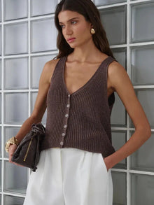 Damen Stricktop Baumwolle V-Ausschnitt – Braun