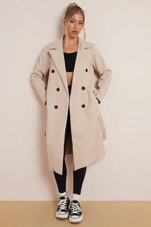 Damen Wollmantel mit Gürtel 100% Wolle Elegant Winter Stil – Beige