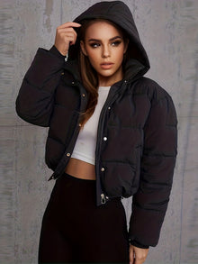Damenjacke Übergangsjacke Polyester Kurz mit Kapuze – Schwarz