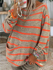Damenpullover Baumwolle Grobstrick mit Streifen – Orange