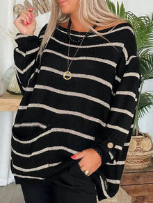 Damenpullover Baumwolle Grobstrick mit Streifen – Schwarz