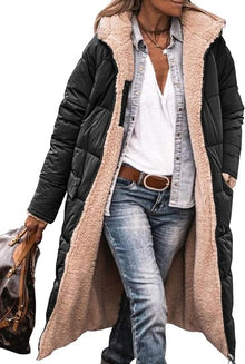 Camila | Wende-Sherpa-Fleece langer Puffermantel mit Kapuze – Schwarz