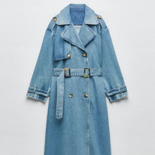 Carolin | Damen Langer Jeans-Trenchcoat mit Gürtel – Blau