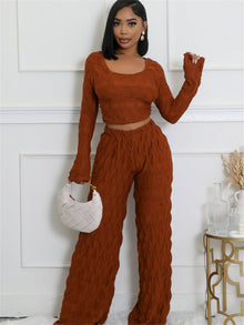 Zweiteiler mit Strukturmuster | Langarm & Weite Hose | Modern & Komfortabel – Orange