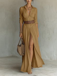 Yarae - Plissiertes Maxikleid mit Knopfleiste in lockerer Passform – Braun