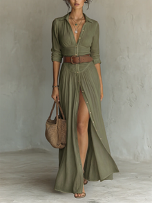 Sewmini - Leinen Maxikleid Mit Reverskragen – Grün
