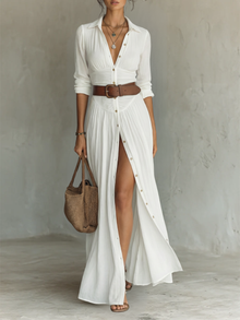 Sewmini - Leinen Maxikleid Mit Reverskragen – Weiß