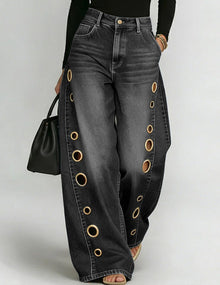 Weite Denim-Hosen mit goldenen Ösen-Seitenausschnitten – Schwarz