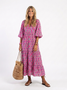 Apolline | Midi-Kleid mit dreiviertel Ärmeln und V-Ausschnitt im Muster – Lila