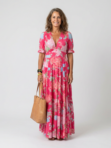 Ione | Kurzes Ärmels V-Ausschnitt Blumen Midi Kleid – Pink