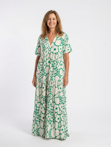 Zuleika | Kurzärmliges V-Ausschnitt Blumen-Midi-Kleid – Grün